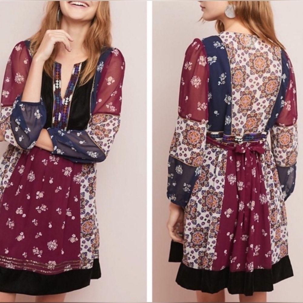 Anthropologie Maeve Boho Quartier Latin Burgundy Chiffon Velvet Dress S